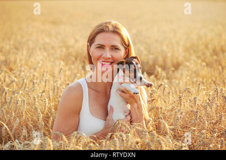 Young woman holding Jack Russell terrier puppy on her hands, sunset lit wheat field behind her. Stock Photo