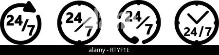 24/7 services icon. Simple circle / clock drawing with text. Four different versions. Stock Vector