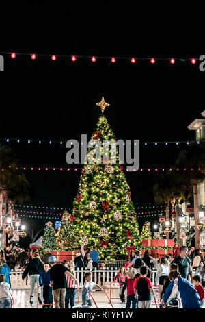 CELEBRATION, FLORIDA, USA - DECEMBER, 2018: Christmas with beautiful lights and snow at Celebration City. Stock Photo