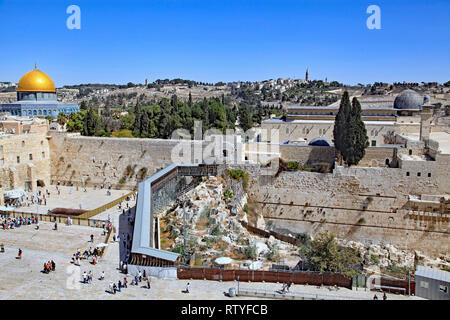 JERUSALEM - OCTOBER 2011:  Overview of the Temple Mount and the archeological excavations outside the Western Wall, with the ramp going up to the Dome Stock Photo