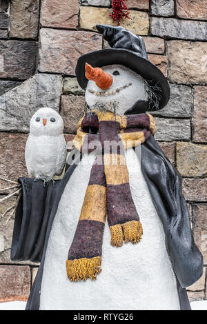 ORLANDO, FLORIDA, USA - DECEMBER, 2018: Snowman at Harry Potter Hogsmeade, Wizarding World of Harry Potter in Islands of Adventure, Universal Studios  Stock Photo