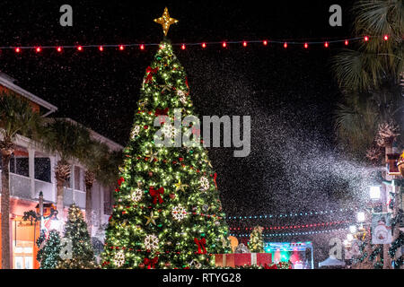 CELEBRATION, FLORIDA, USA - DECEMBER, 2018: Christmas with beautiful lights and snow at Celebration City. Stock Photo