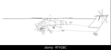 Drawing of helicopter, Vector wireframe concept. Created illustration of 3d. The layers of visible and invisible lines are separated. Stock Vector