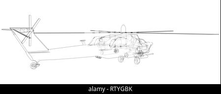 Blueprint of helicopter. Vector wireframe concept. Blue purple. Created illustration of 3d. Stock Vector