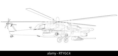 Blueprint of helicopter. Vector wireframe concept. Blue purple. Created illustration of 3d. Stock Vector