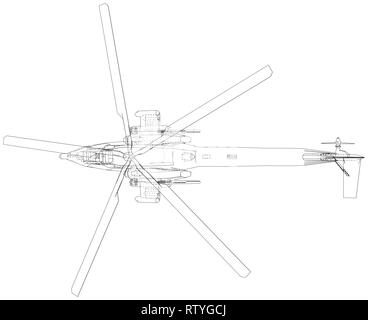 Blueprint of helicopter. Vector wireframe concept. Blue purple. Created illustration of 3d. Stock Vector