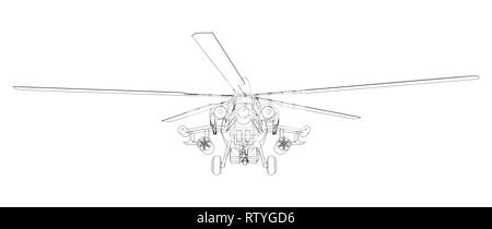 Blueprint of helicopter. Vector wireframe concept. Blue purple. Created illustration of 3d. Stock Vector