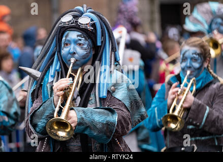 Braunschweig, Germany. 03rd Mar, 2019. During the 'Schoduvel', participants of a music group in costumes roam through the city centre. The 'Schoduvel' carnival parade, which is more than six kilometres long, is considered one of the largest parades in northern Germany. Credit: Peter Steffen/dpa/Alamy Live News Stock Photo
