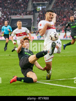 Stuttgart, Germany . 03rd Mar, 2019. Takuma ASANO, H96 11  compete for the ball, tackling, duel, header, action, fight against Ozan KABAK, VFB 18  VFB STUTTGART - HANNOVER 96  - DFL REGULATIONS PROHIBIT ANY USE OF PHOTOGRAPHS as IMAGE SEQUENCES and/or QUASI-VIDEO -  DFL 1.German Soccer League , Stuttgart, March 3, 2019,  Season 2018/2019, matchday 24, H96 Credit: Peter Schatz/Alamy Live News
