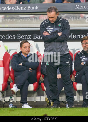 Stuttgart, Germany . 03rd Mar, 2019. Thomas DOLL, H96  headcoach, coach, team manager, Horst Heldt, Hannover 96 Sportdirektor, Gerhard Zuber, Assistent, sad, disappointed, angry, Emotions, disappointment, frustration, frustrated, sadness, desperate, despair,  VFB STUTTGART - HANNOVER 96  - DFL REGULATIONS PROHIBIT ANY USE OF PHOTOGRAPHS as IMAGE SEQUENCES and/or QUASI-VIDEO -  DFL 1.German Soccer League , Stuttgart, March 3, 2019,  Season 2018/2019, matchday 24, H96 Credit: Peter Schatz/Alamy Live News Stock Photo