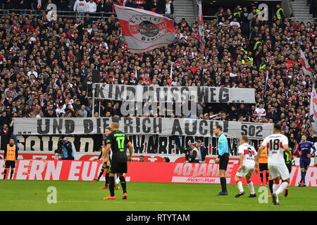 Stuttgart, Germany. 03rd Mar, 2019. Banners, banners, KIND MUST BE WEG AND DIETRICH TOO, the Stuttgart fans, football fans, Ultras. Soccer 1. Bundesliga, 24.matchday, matchday24, VFB Stuttgart-Hanover 96 (H) 5-1, 03/03/2019 in Stuttgart/Germany. MERCEDES BENZ ARENA. DFL REGULATIONS PROHIBIT ANY USE OF PHOTOGRAPH AS IMAGE SEQUENCES AND/OR QUASI VIDEO. | usage worldwide Credit: dpa/Alamy Live News
