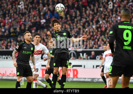 Stuttgart, Germany. 03rd Mar, 2019. Heading Genki HARAGUCHI (Hannover96), action. Soccer 1. Bundesliga, 24.matchday, matchday24, VFB Stuttgart-Hanover 96 (H) 5-1, 03/03/2019 in Stuttgart/Germany. MERCEDES BENZ ARENA. DFL REGULATIONS PROHIBIT ANY USE OF PHOTOGRAPH AS IMAGE SEQUENCES AND/OR QUASI VIDEO. | usage worldwide Credit: dpa/Alamy Live News