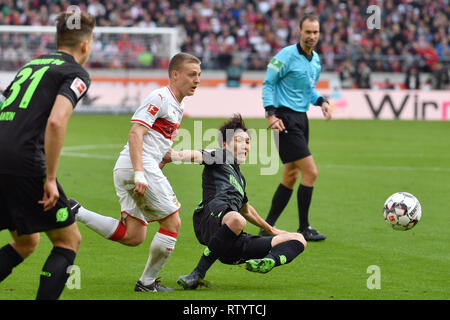 Stuttgart, Germany. 03rd Mar, 2019. Genki HARAGUCHI (Hannover96), Action, duels versus Santiago ASCACIBAR (VFB Stuttgart) . Football 1. Bundesliga, 24.matchday, matchday24, VFB Stuttgart-Hanover 96 (H) 5-1, 03.03.2019 in Stuttgart/Germany. MERCEDES BENZ ARENA. DFL REGULATIONS PROHIBIT ANY USE OF PHOTOGRAPH AS IMAGE SEQUENCES AND/OR QUASI VIDEO. | usage worldwide Credit: dpa/Alamy Live News