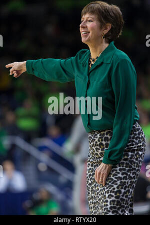 South Bend, Indiana, USA. 03rd Mar, 2019. Notre Dame head coach Muffet McGraw during NCAA Basketball game action between the Virginia Cavaliers and the Notre Dame Fighting Irish at Purcell Pavilion at the Joyce Center in South Bend, Indiana. Notre Dame defeated Virginia 103-66. John Mersits/CSM/Alamy Live News Stock Photo