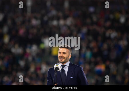 Carson, USA. 2nd March, 2019. David Beckham is celebrated at halftime of the Galaxy's 2019 season opener. Before the game the club unveiled a statue of Beckham and inducted him into the Ring of Honor. Credit: Ben Nichols/Alamy Live News Stock Photo