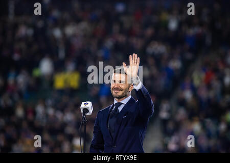 Carson, USA. 2nd March, 2019. David Beckham is celebrated at halftime of the Galaxy's 2019 season opener. Before the game the club unveiled a statue of Beckham and inducted him into the Ring of Honor. Credit: Ben Nichols/Alamy Live News Stock Photo