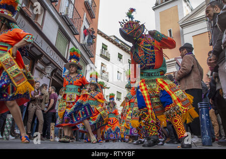 Madrid, Madrid, Spain. 3rd Mar, 2019. Bolivian citizens dressed in folkloric clothes are seen performing their traditional dances during the parade.A Carnival parade celebrating the diversity and it took place at the neighbourhood of Lavapiés in Madrid, which is one of the most multicultural areas of the city. The parade ran thought the main streets of Lavapiés gathering hundreds of people of different cultures and social backgrounds. Credit: Lora Grigorova/SOPA Images/ZUMA Wire/Alamy Live News Stock Photo