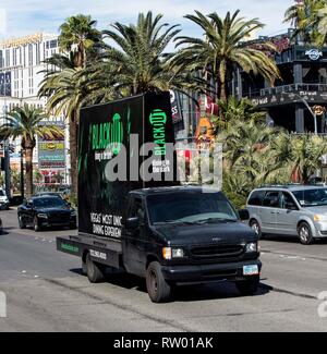 Las Vegas, Nevada U.S. 03rd Mar, 2019. Each day and night, mobile billboards mounted on high profile trucks cruise up and down the resort and visitor corridor of the Las Vegas Strip. These high visibility, large format ads touting Las Vegas attractions, shows and conventions are a financial bonanza for the billboard companies and good brand exposure for the ad buyers, but the trucks add to the often gridlocked traffic on the Strip and contribute to air pollution. Credit: Brian Cahn/ZUMA Wire/Alamy Live News Stock Photo