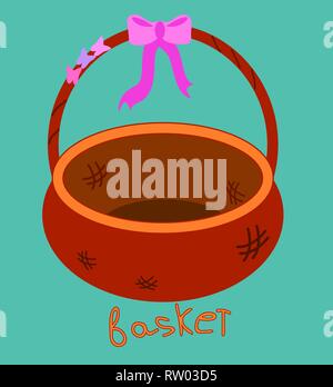 Basket wicker brown object with pink ribbon. For child Educational cards vector illustration Spring celebration for flowers. Easter basket for eggs. Stock Vector
