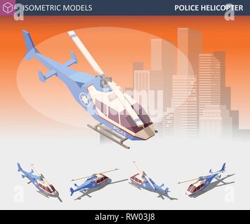 Isometric Police Helicopter Set. Police Transport Isolated on White Background. Stock Vector