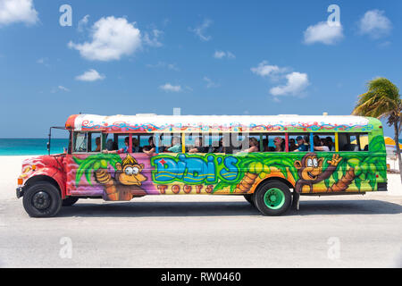 Open-air Didi's Tour Bus, Eagle Beach, Oranjestad District, Aruba, ABC Islands, Leeward Antilles, Caribbean Stock Photo