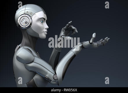 Robot is looking at something in his hand. 3D illustration Stock Photo