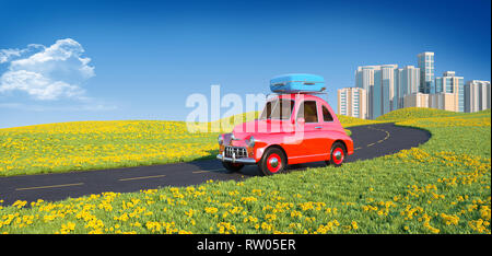 Retro cartoon car with laggage on top. 3D illustration Stock Photo