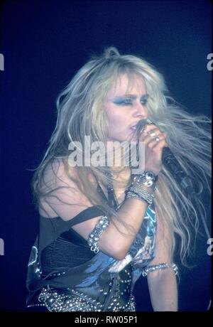 Singer Doro Pesch Warlock of the German heavy metal band Warlock is shown performing on stage during a 'live' concert appearance. Stock Photo