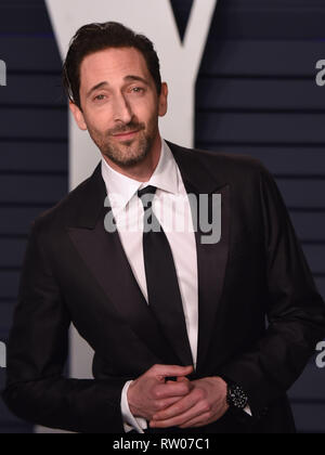 BEVERLY HILLS, CALIFORNIA - FEBRUARY 24: Adrien Brody attends 2019 Vanity Fair Oscar Party at Wallis Annenberg Center for the Performing Arts on Febru Stock Photo