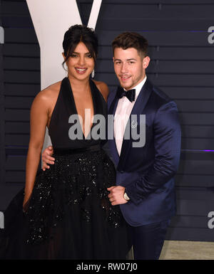 BEVERLY HILLS, CALIFORNIA - FEBRUARY 24: Priyanka Chopra and Nick Jonas attend 2019 Vanity Fair Oscar Party at Wallis Annenberg Center for the Perform Stock Photo