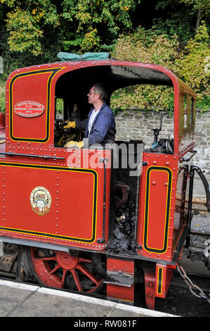 Train driver in his cab of the little steam train at Douglas mainline rail station in Douglas on the Isle of Man, Britain.  The Isle of Man Railway is Stock Photo