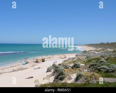 Beach of Yanchep, WA, Australia, with white sand, blue sea and sky, and very hot temperatures during the summer time. Stock Photo