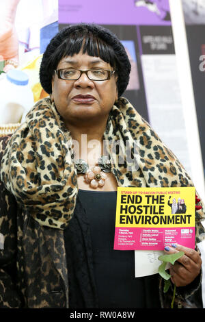 Diane Abbott, Shadow Home Secretary is seen during the fourth Visit My Mosque Day at Finsbury Park Mosque in North London. Over 250 mosques open their doors to non-Muslim guests and visitors on the fourth Visit My Mosque Day. This year the national event also encourages mosques to support Keep Britain Tidy's Great British Spring Clean campaign with many already taking part in cleaning their communities. Later a man thought to be a pro-Brexit campaigner was arrested after he pressed down an egg on Jeremy Corbyn’s head. Stock Photo