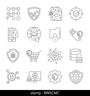 Set icons of cyber protection and Internet security. Technologes of Digital Safety. Vector Line Icons. Editable Stroke. EPS 10 Stock Vector