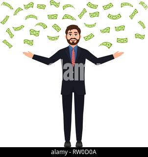 Successful businessman raised his hands up, money falls from above, a bearded man earns a lot of money vector illustration Stock Vector