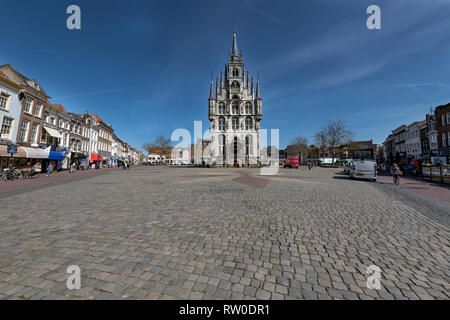 Netherlands; Gouda, 2017, city center, showing its famous 15th century Town hall, The place where Gouda chesse fair takes place. Stock Photo