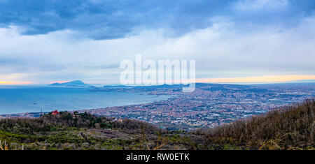 View from active volcano Vesuvius on the Gulf and Naples city in evening, Italy Stock Photo