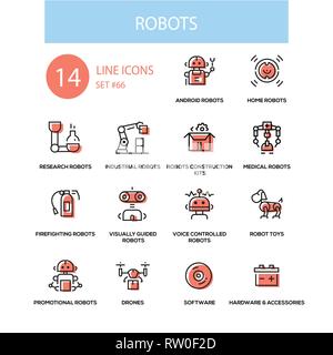 Robots concept - line design style icons set Stock Vector