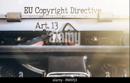 words EU Copyright Directive Article 13 written on vintage typewriter Stock Photo