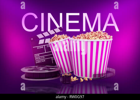 3d rendering of two popcorn buckets, film reel, movie clapper with CINEMA sign above on neon pink background Stock Photo