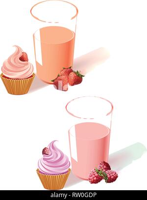 The illustration shows raspberry and strawberry yogurt in a glass, fruit and cake. Made isolated on white background, on separate layers. Stock Vector