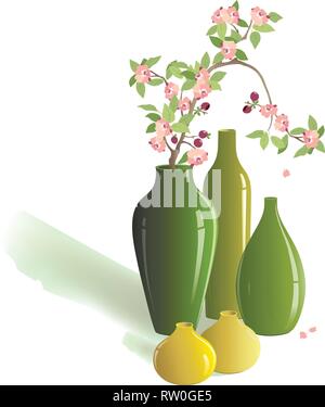 The illustration shows a set of decorative vases of green and yellow, with a branch of cherry blossoms, isolated on white background. Stock Vector