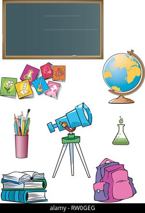 The illustration shows a group of school subjects and attributes of the classroom. Illustration done on separate layers, isolated on white background. Stock Vector
