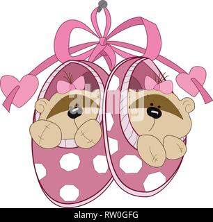 The illustration shows the baby booties with toy teddy bears. Illustration done in cartoon style, on separate layers. Stock Vector