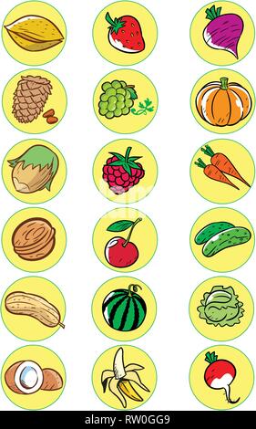 The illustration shows the various gifts of nature. This is several kinds of nuts, fruits and vegetables. Illustration done in cartoon style, on separ Stock Vector