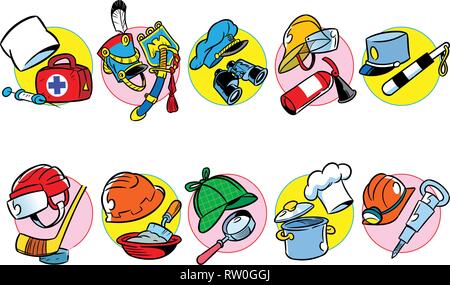 The illustration shows a wide variety of professional headgears, as well as tools, attributes, and accessories for them. Illustration done in cartoon  Stock Vector