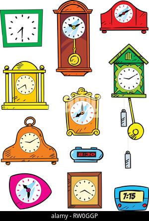 The illustration shows a wide variety of mechanical and electronic watches. Illustration done in cartoon style on separate layers, on a white backgrou Stock Vector