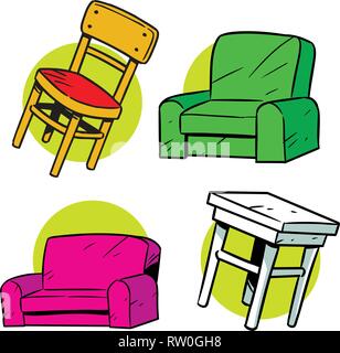 The illustration shows several items furniture. Illustration is presented in cartoon style on separate layers. Stock Vector