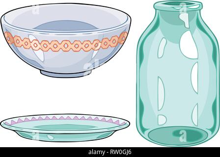 In the vector illustration types of dishes. This is a ceramic bowl, plate and glass jar. Isolated on white background Stock Vector