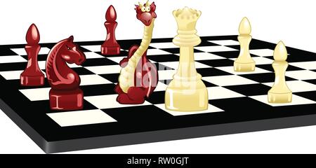 The vector illustration of a chess board with game figures and a cute cartoon dragon among them. Stock Vector